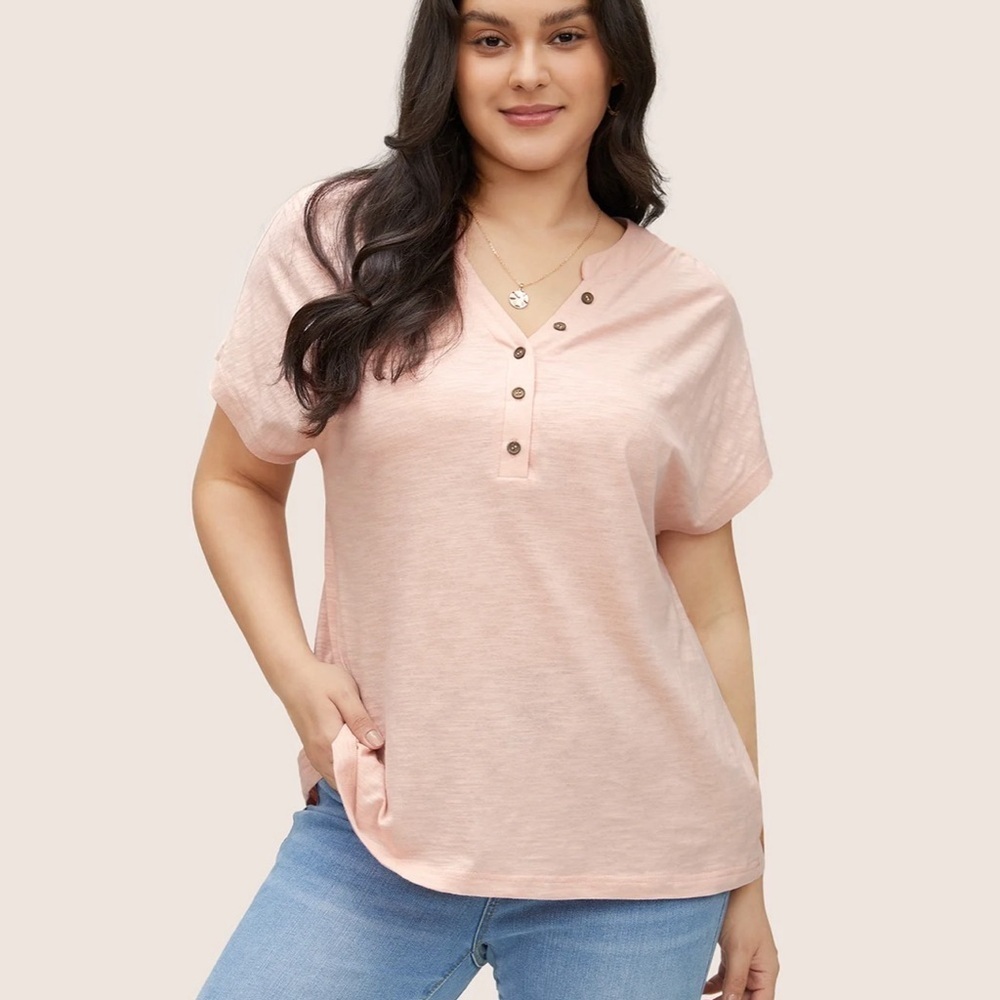 BloomChic Plus Size Cotton Solid Notched Dolman Sleeve T-shirt